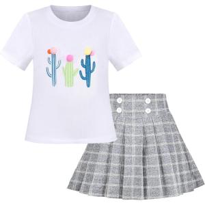 Sunny Fashion Girls 2 Piece Set Skirt T-Shirt Crop Rib-Knit Plaid Casual School(White Gray)