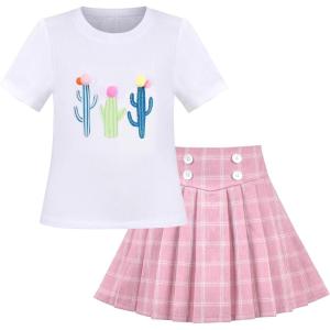 Sunny Fashion Girls 2 Piece Set Skirt T-Shirt Crop Rib-Knit Plaid Casual School(White Pink)