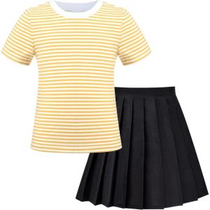 Sunny Fashion Girls 2 Piece Set Skirt T-Shirt Crop Rib-Knit Plaid Casual School(Yellow Striped)