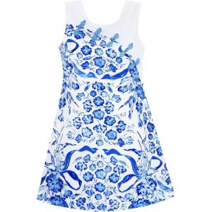 Sunny Fashion Girls Dress Blue White Porcelain Floral Printed Pageant Holiday