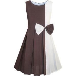 Sunny Fashion Girls Dress Color Block Contrast Bow Tie Everyday Party Size 4-14(Coffee)