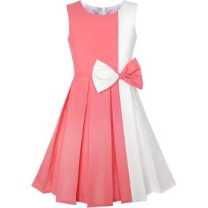 Sunny Fashion Girls Dress Color Block Contrast Bow Tie Everyday Party Size 4-14(Coral Red)