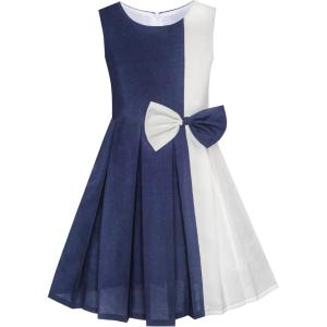 Sunny Fashion Girls Dress Color Block Contrast Bow Tie Everyday Party Size 4-14(Dark Blue)