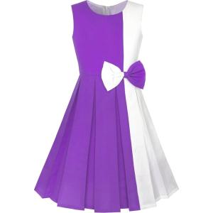 Sunny Fashion Girls Dress Color Block Contrast Bow Tie Everyday Party Size 4-14(Purple)