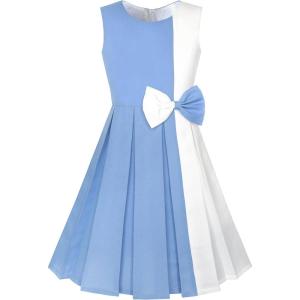 Sunny Fashion Girls Dress Color Block Contrast Bow Tie Everyday Party Size 4-14(Sky Blue)