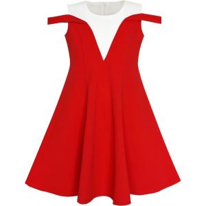 Sunny Fashion Girls Dress Red White Cold Shoulder Color Contrast Holiday(Red)