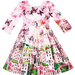 Sunny Fashion Girls Dress Satin Butterfly Hydrangea Flower Printed Size 5-12(Pink)