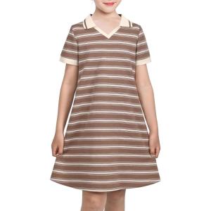 Sunny Fashion Girls Dress T-Shirt Basic Vintage Loose Straight Casual School(Brown Striped)