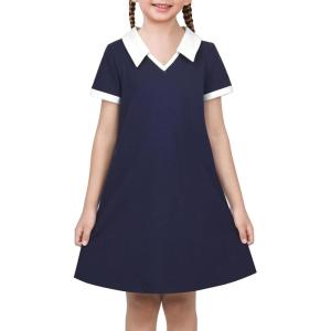Sunny Fashion Girls Dress T-Shirt Basic Vintage Loose Straight Casual School(Navy Blue)