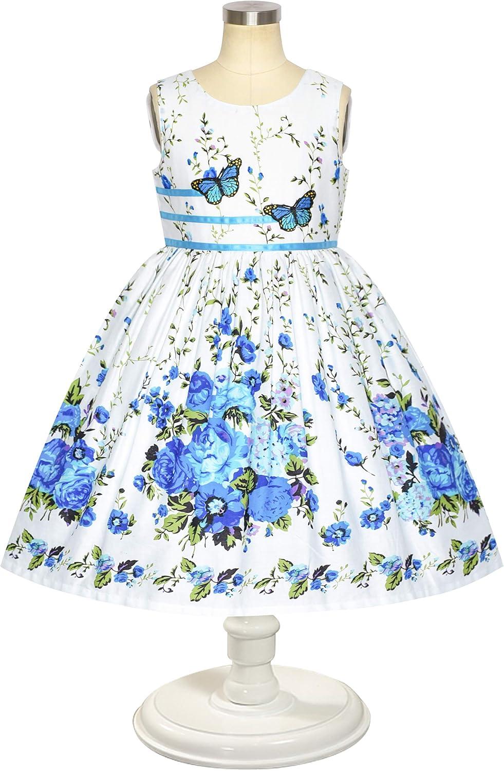 imageSunny Fashion Girls Dress Rose Flower Double Bow Tie Party SundressBlue Flower Butterfly