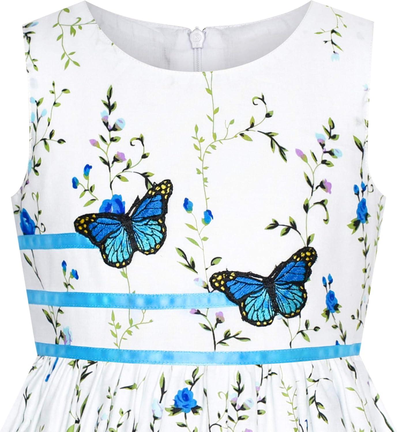 imageSunny Fashion Girls Dress Rose Flower Double Bow Tie Party SundressBlue Flower Butterfly