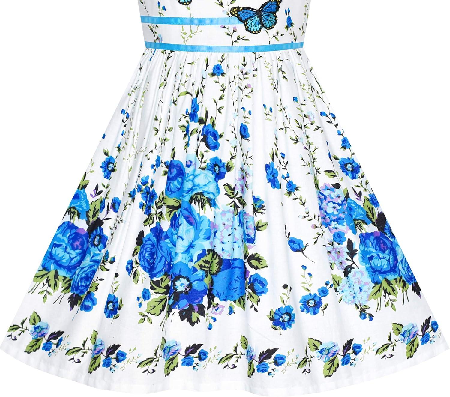 imageSunny Fashion Girls Dress Rose Flower Double Bow Tie Party SundressBlue Flower Butterfly