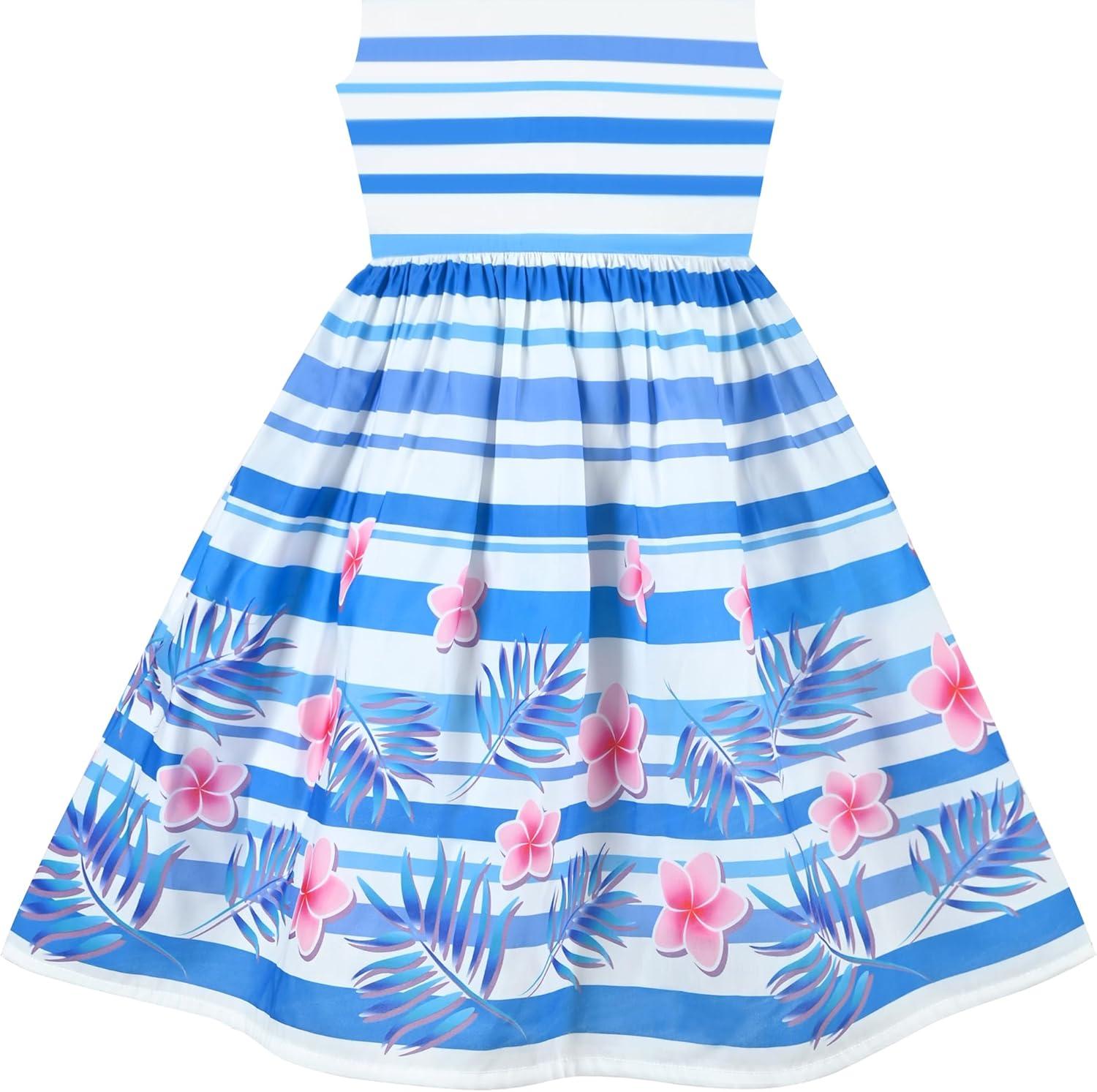 imageSunny Fashion Girls Dress Rose Flower Double Bow Tie Party SundressBlue Striped