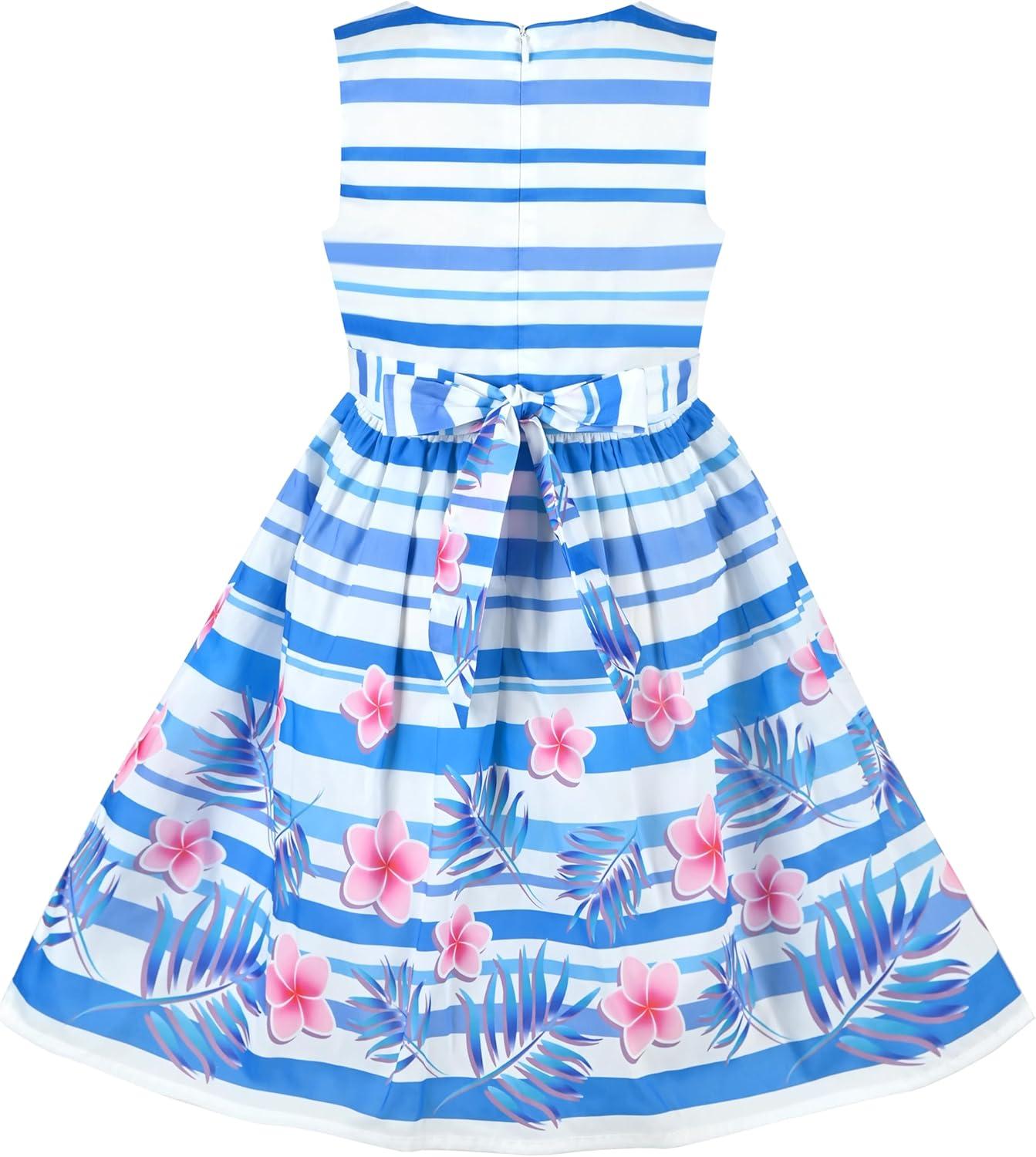 imageSunny Fashion Girls Dress Rose Flower Double Bow Tie Party SundressBlue Striped