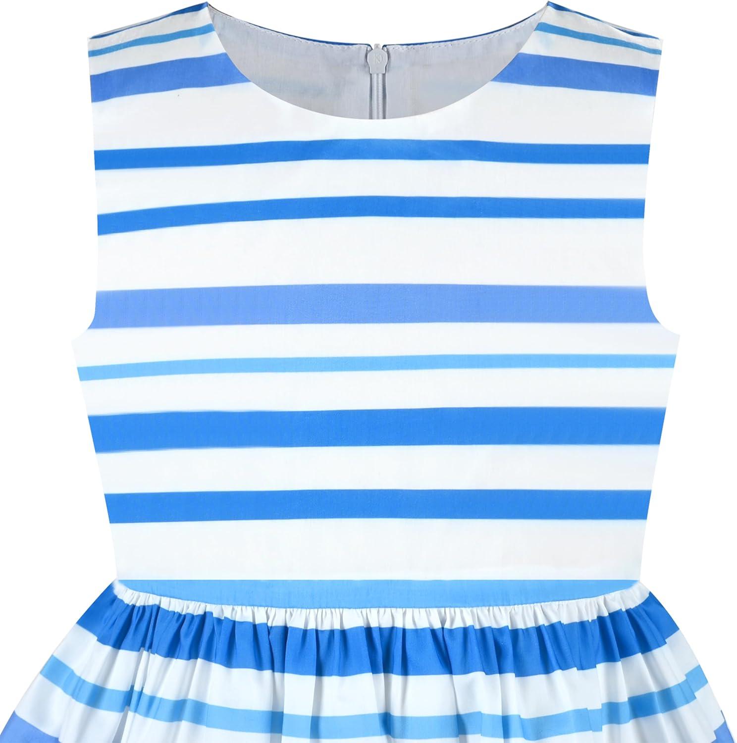 imageSunny Fashion Girls Dress Rose Flower Double Bow Tie Party SundressBlue Striped