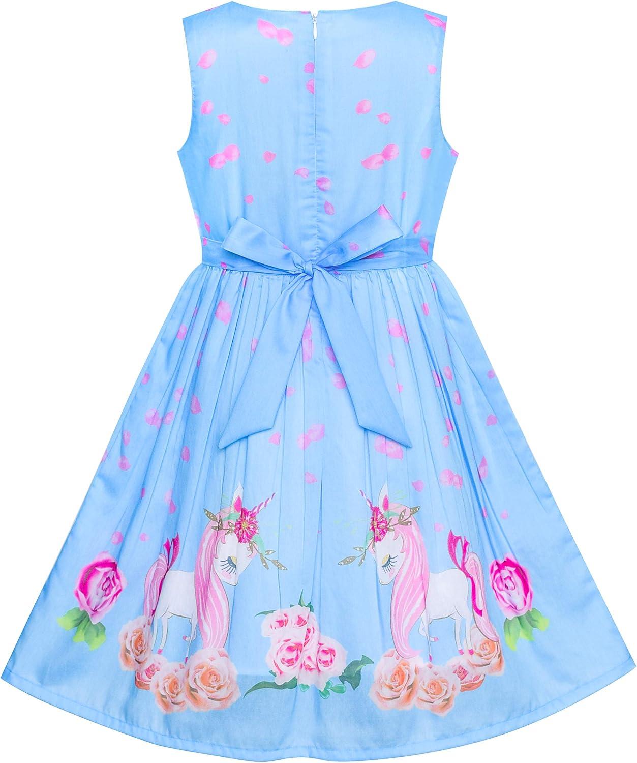 imageSunny Fashion Girls Dress Rose Flower Double Bow Tie Party SundressBlue Unicorn