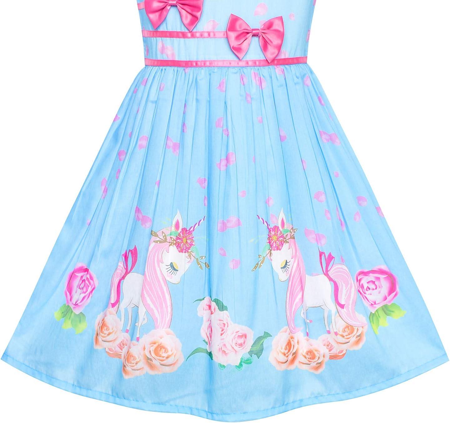 imageSunny Fashion Girls Dress Rose Flower Double Bow Tie Party SundressBlue Unicorn