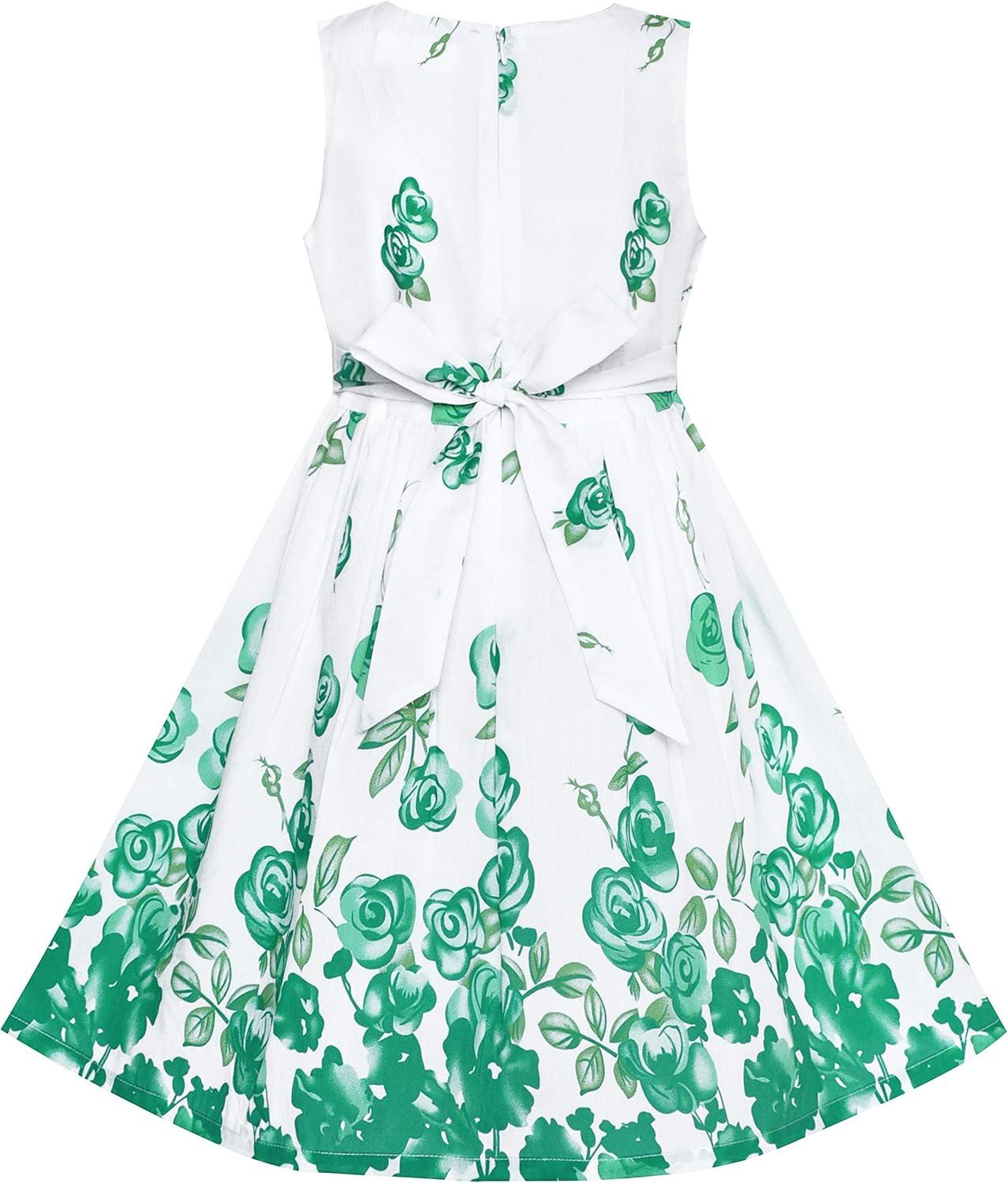 imageSunny Fashion Girls Dress Rose Flower Double Bow Tie Party SundressGreen Flower