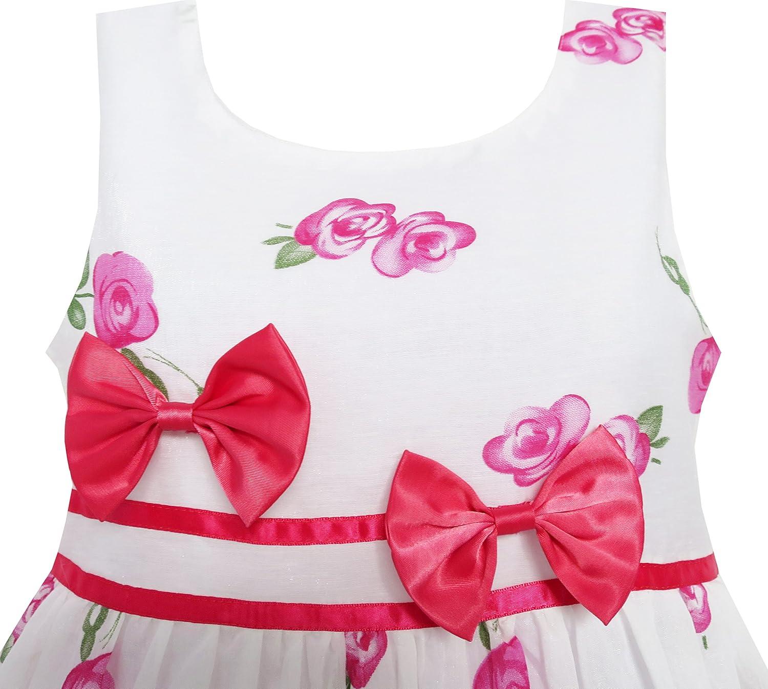 imageSunny Fashion Girls Dress Rose Flower Double Bow Tie Party SundressPink