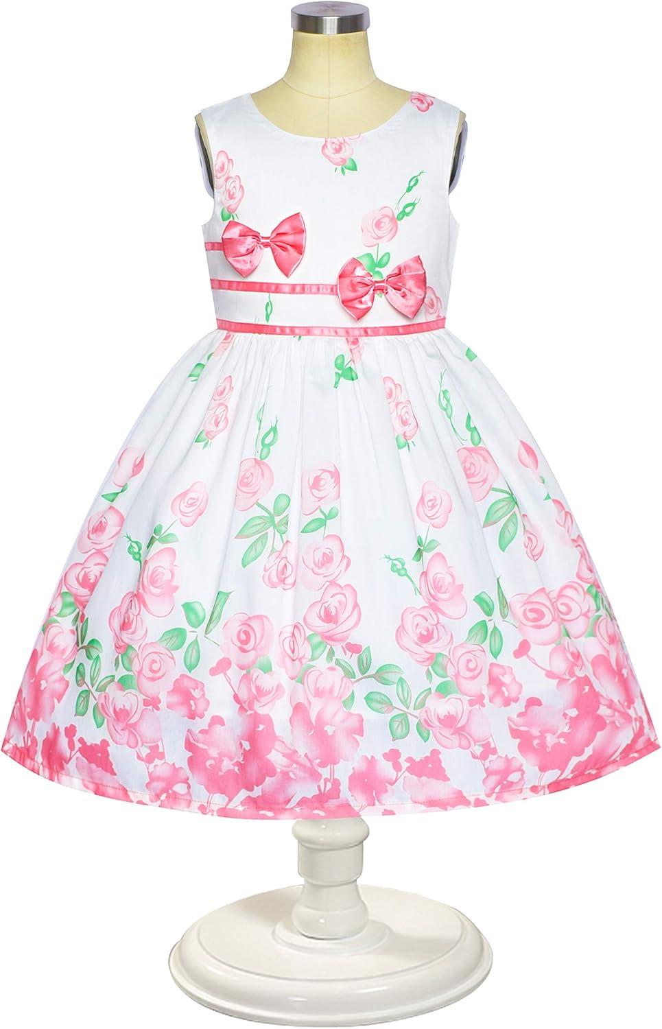 imageSunny Fashion Girls Dress Rose Flower Double Bow Tie Party SundressPink Flower