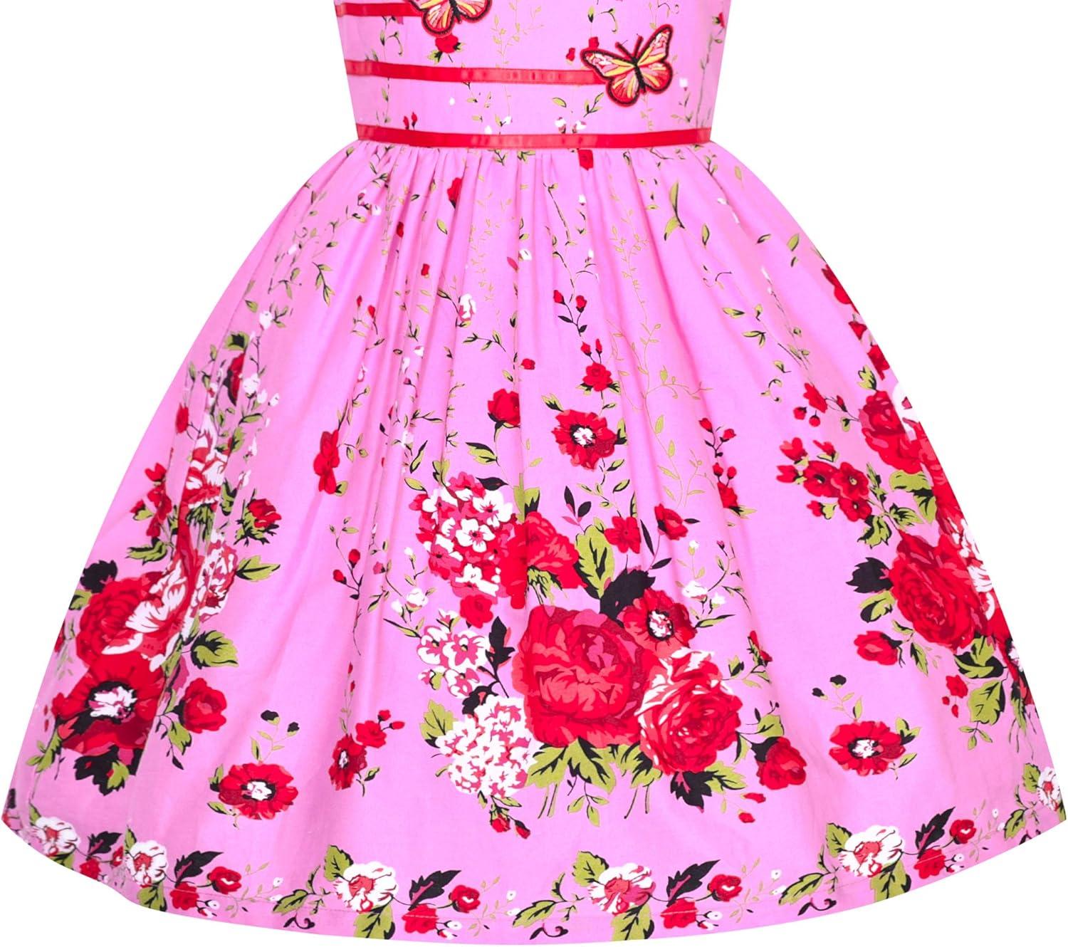 imageSunny Fashion Girls Dress Rose Flower Double Bow Tie Party SundressPink Flower Butterfly