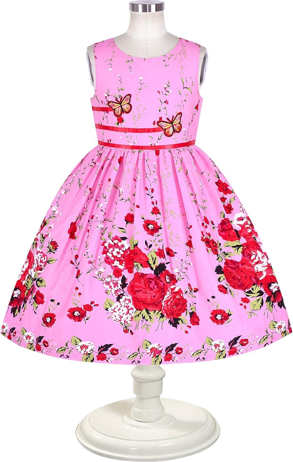 imageSunny Fashion Girls Dress Rose Flower Double Bow Tie Party SundressPink Flower Butterfly