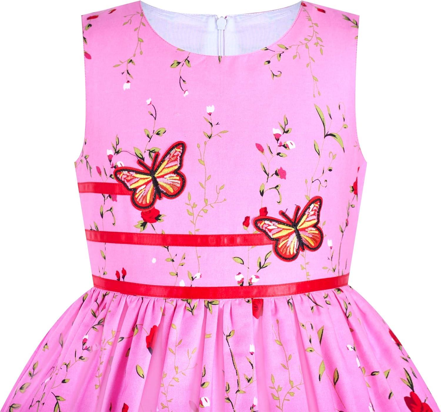 imageSunny Fashion Girls Dress Rose Flower Double Bow Tie Party SundressPink Flower Butterfly