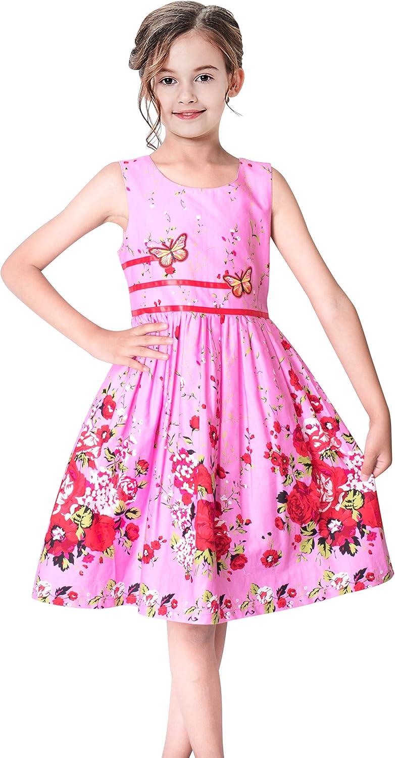 imageSunny Fashion Girls Dress Rose Flower Double Bow Tie Party SundressPink Flower Butterfly