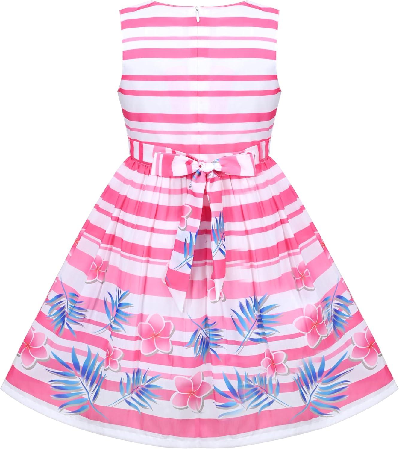 imageSunny Fashion Girls Dress Rose Flower Double Bow Tie Party SundressPink Striped