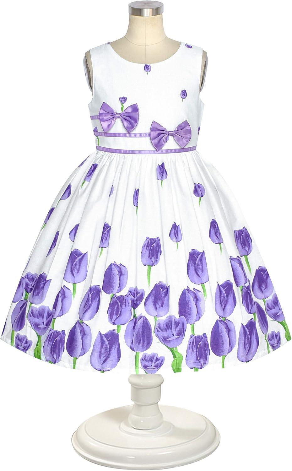 imageSunny Fashion Girls Dress Rose Flower Double Bow Tie Party SundressPurple Tulip