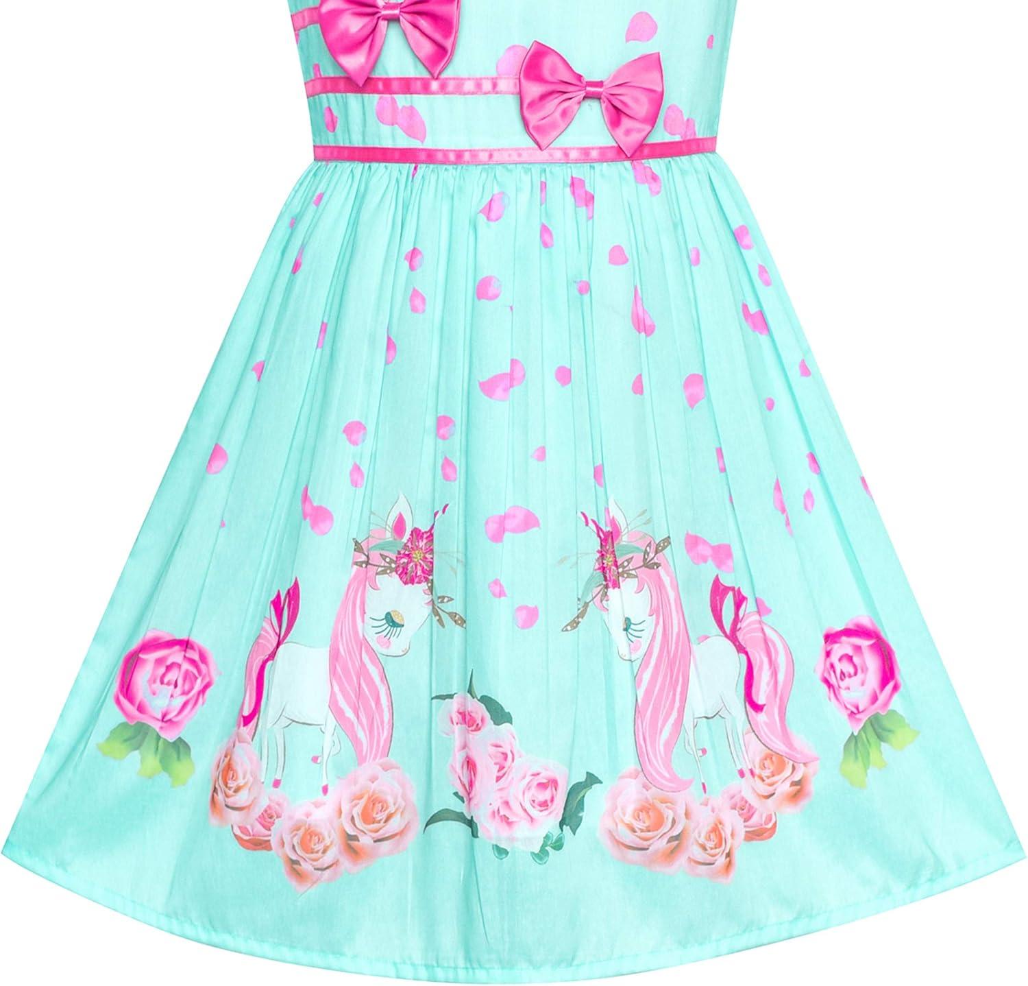 imageSunny Fashion Girls Dress Rose Flower Double Bow Tie Party SundressTurquoise Unicorn