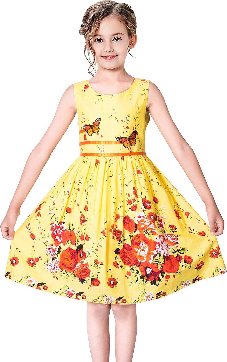 imageSunny Fashion Girls Dress Rose Flower Double Bow Tie Party SundressYellow Flower Butterfly