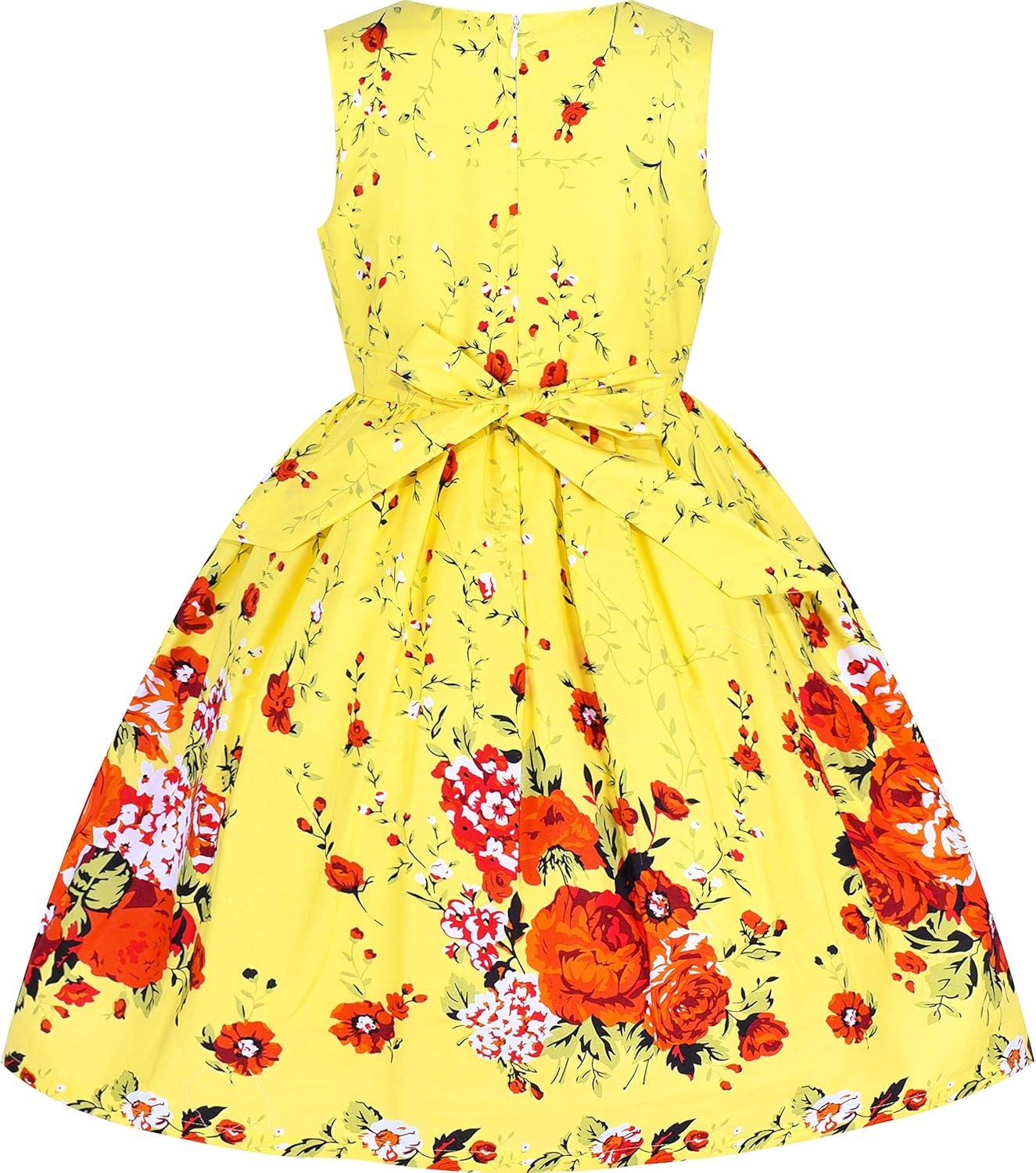 imageSunny Fashion Girls Dress Rose Flower Double Bow Tie Party SundressYellow Flower Butterfly