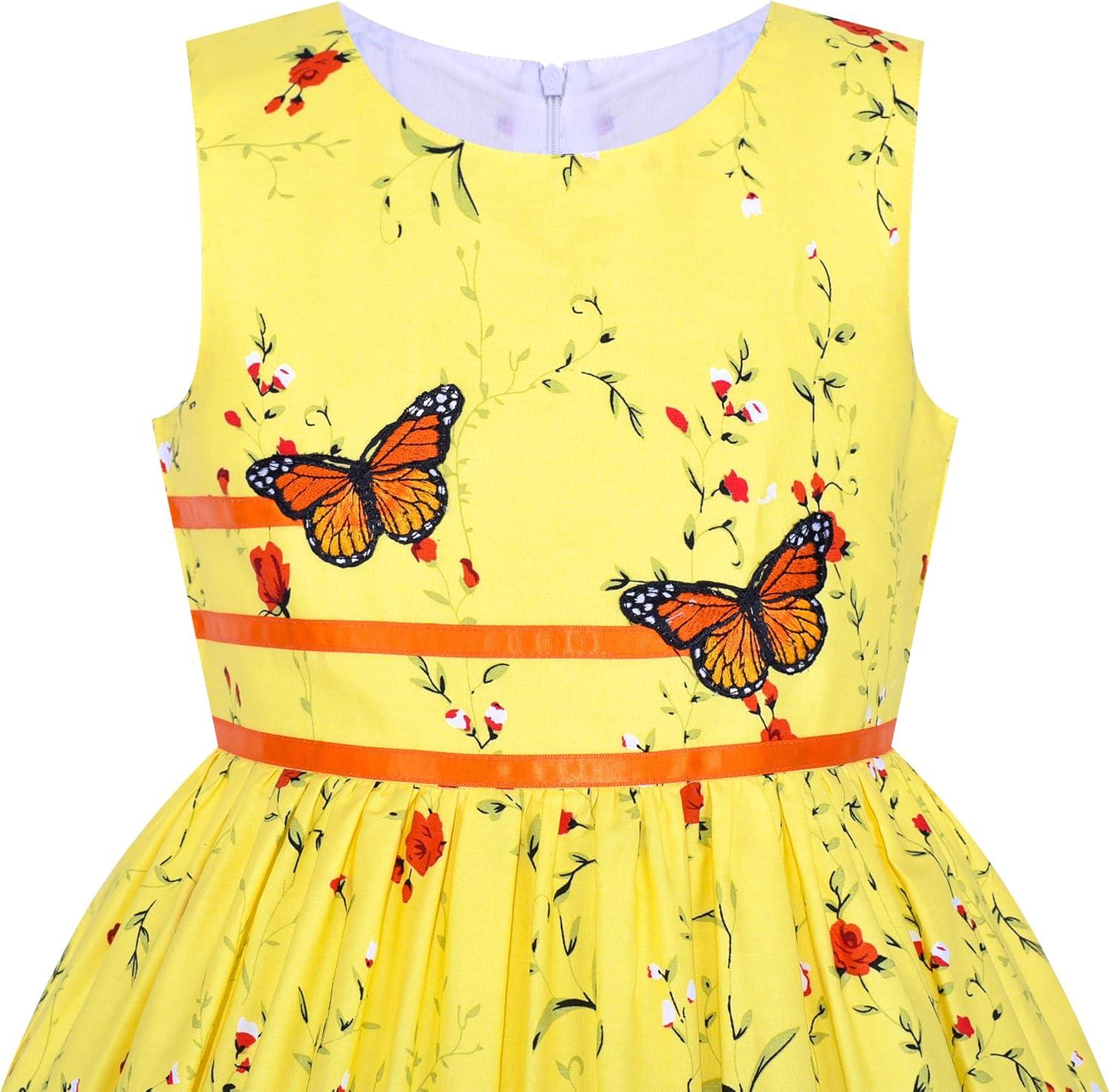 imageSunny Fashion Girls Dress Rose Flower Double Bow Tie Party SundressYellow Flower Butterfly