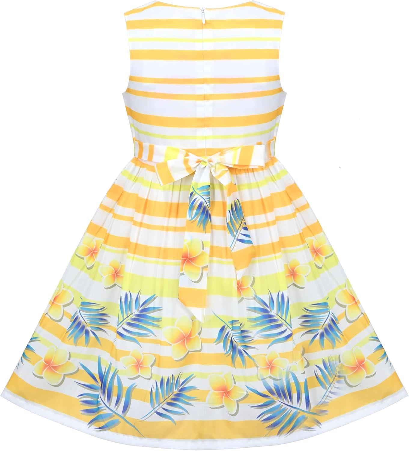 imageSunny Fashion Girls Dress Rose Flower Double Bow Tie Party SundressYellow Striped