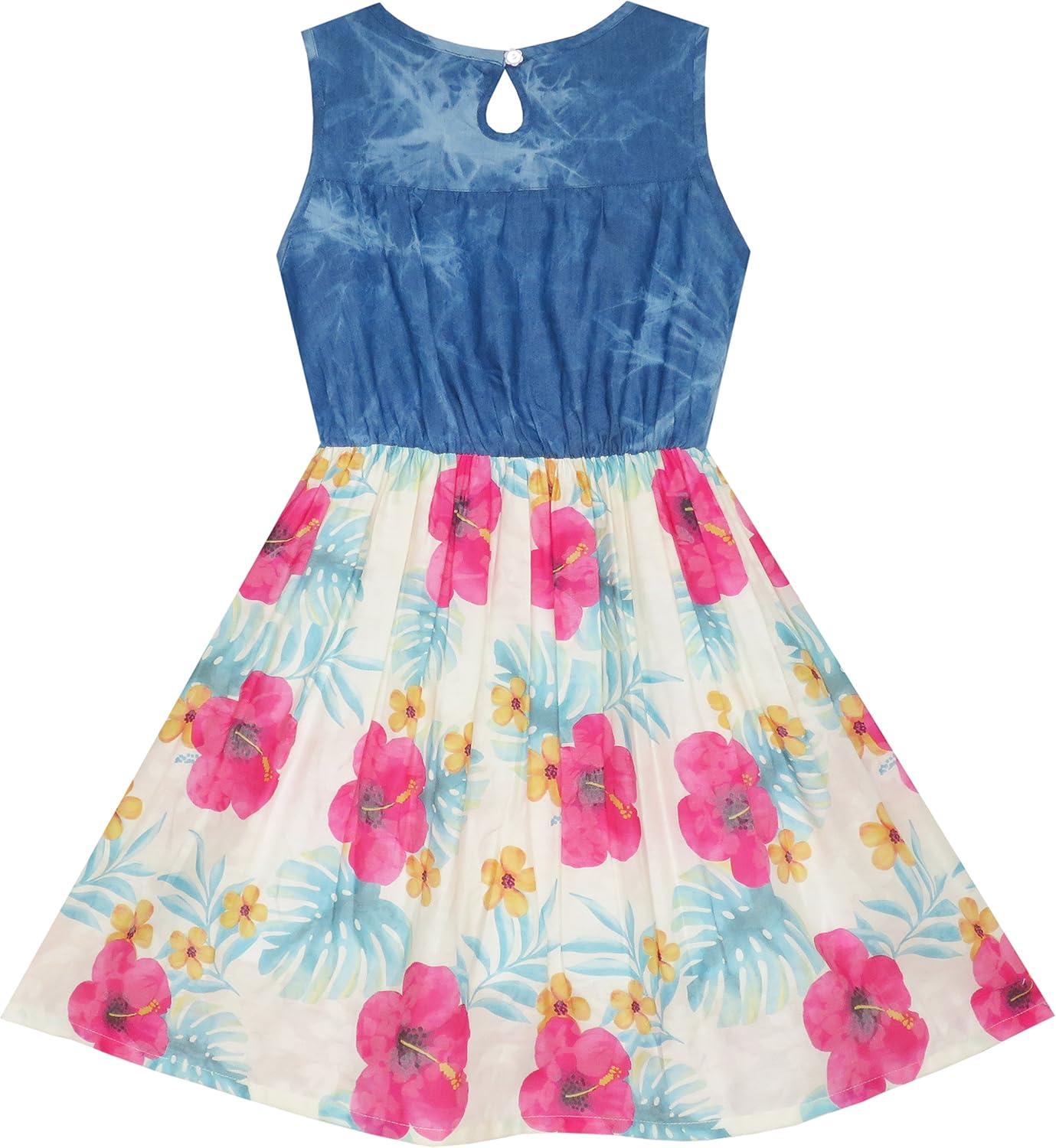 imageSunny Fashion Girls Dress Skirt Blue Denim Floral Dress Bow Tie Casual Beach
