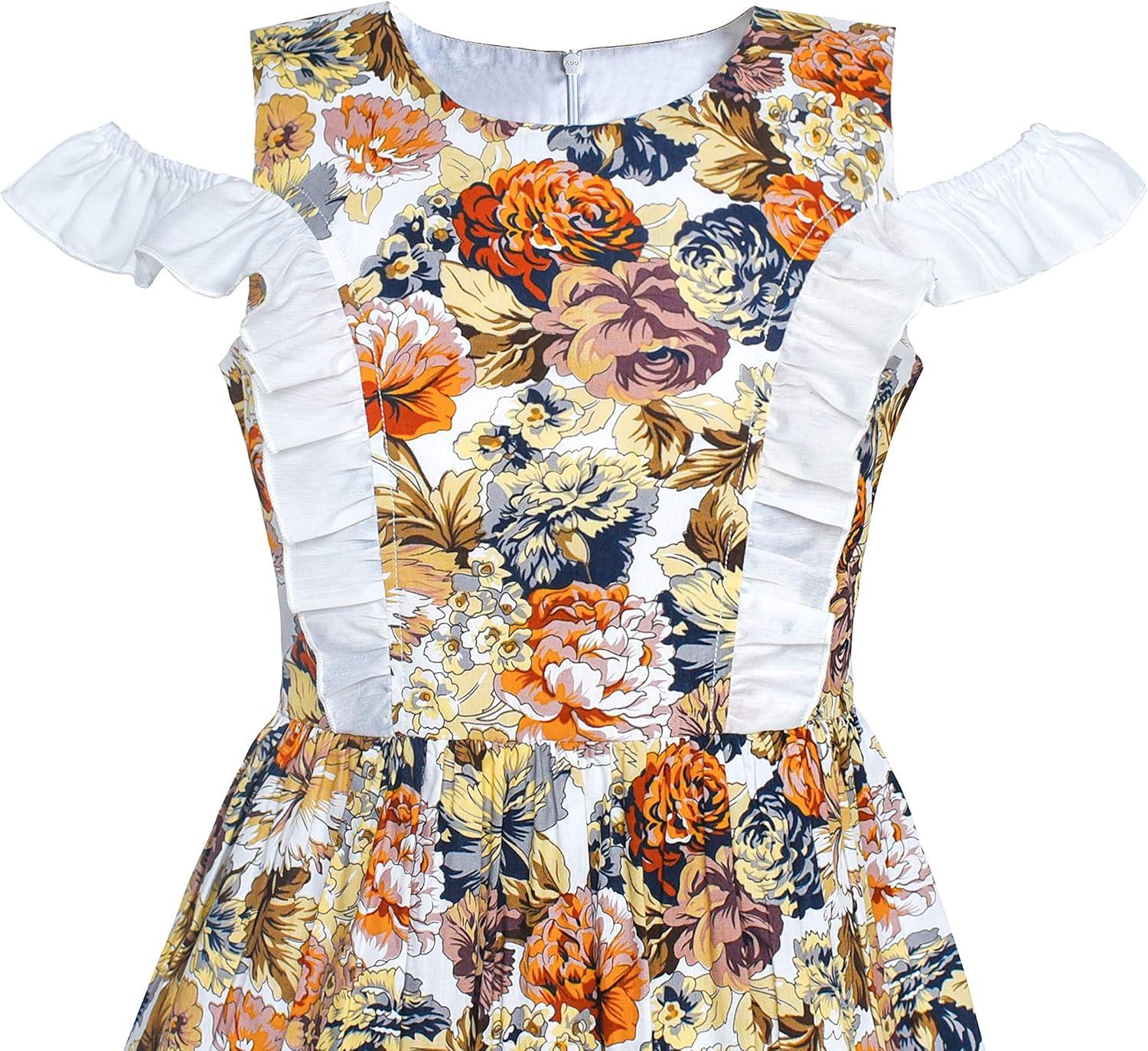 imageSunny Fashion Girls Dress Vintage Floral Cold Shoulder Summer Sundress Size 612