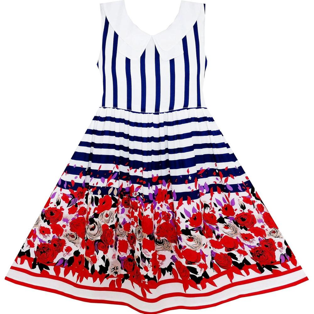 imageGirls Dress TurnDown Collar Stripes Rose Flower Print Blue Size 714 Years 10 Years  Blue