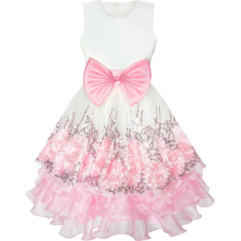 imageSunny Fashion Flower Girls Dress Pink Sequin Dimensional Flowers Bow Tie Pageant