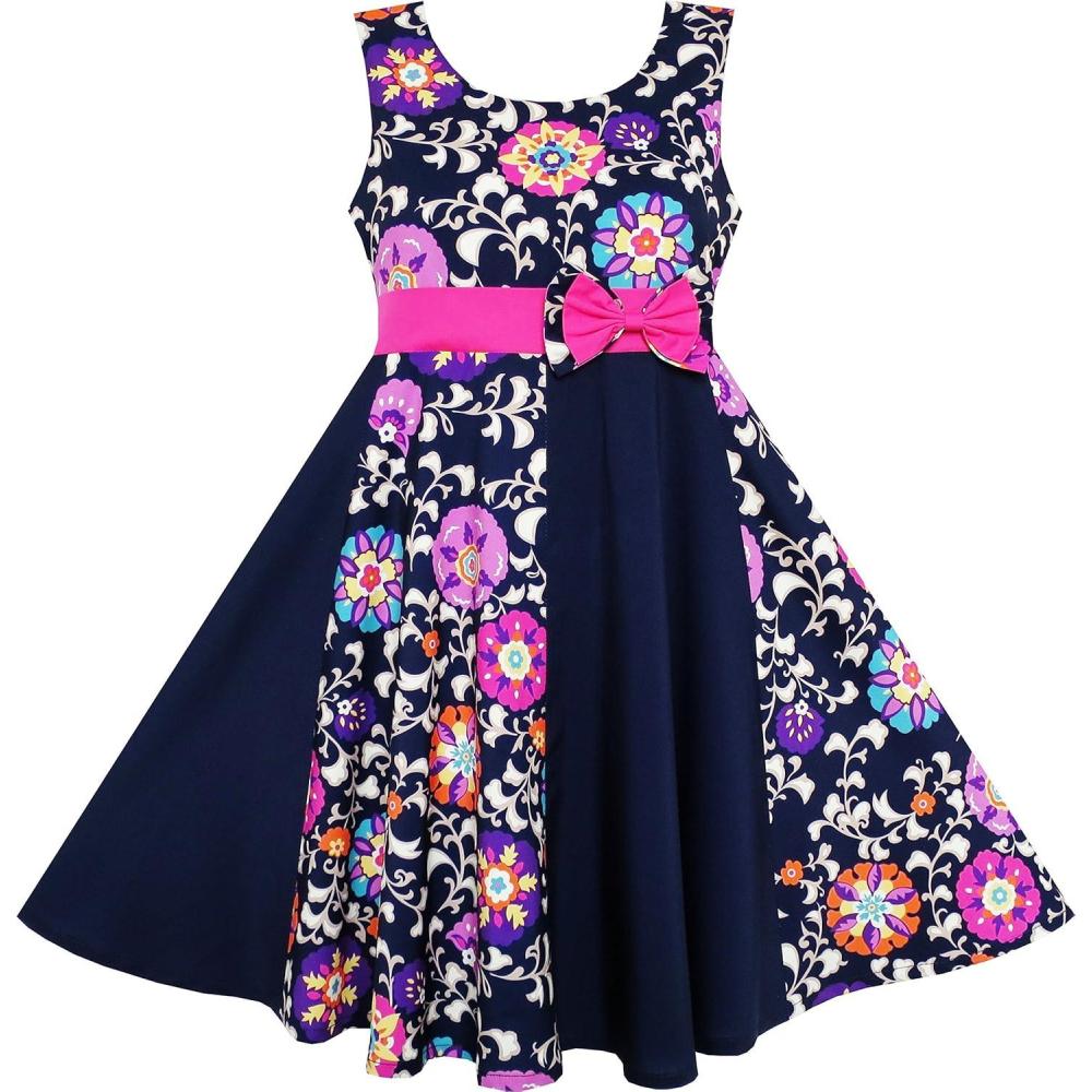 imageSunny Fashion Girls 12 Years KneeLength Blue Dress Party Occasion Aline Sleeveless Zipper Back Strapless Asymmetric Neck Floral Pattern  In Stock