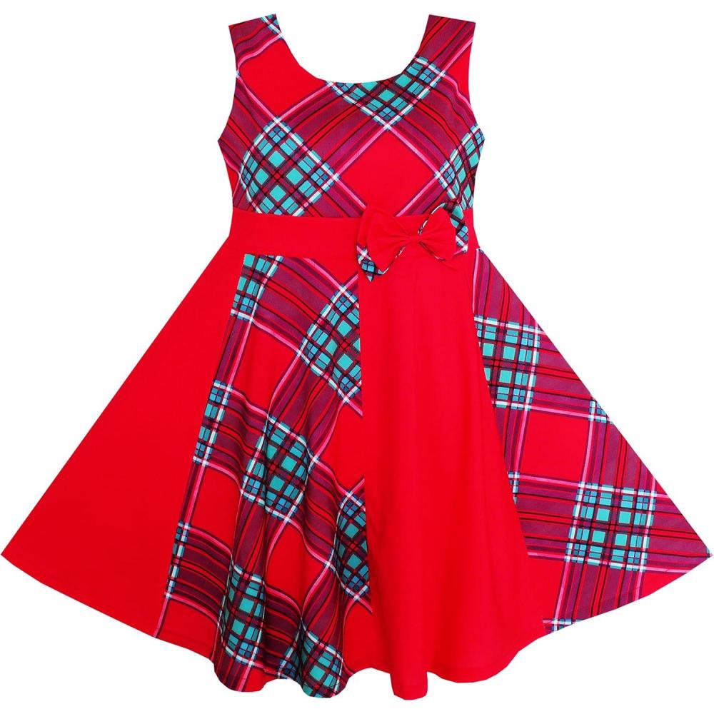 imageSunny Fashion Girls Dress Asymmetric Flower Bow Tie Sleeveless Dark Blue