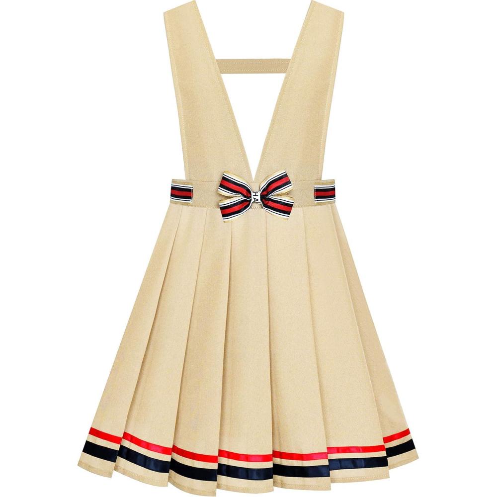 imageSunny Fashion Girls Dress Beige Suspender School Uniform Bow Tie Size 714Khaki