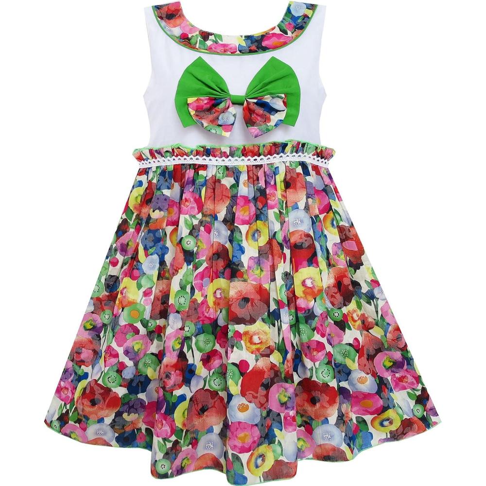 imageSunny Fashion Girls Dress Bow Tie Blooming Flower Detailing Collar Green