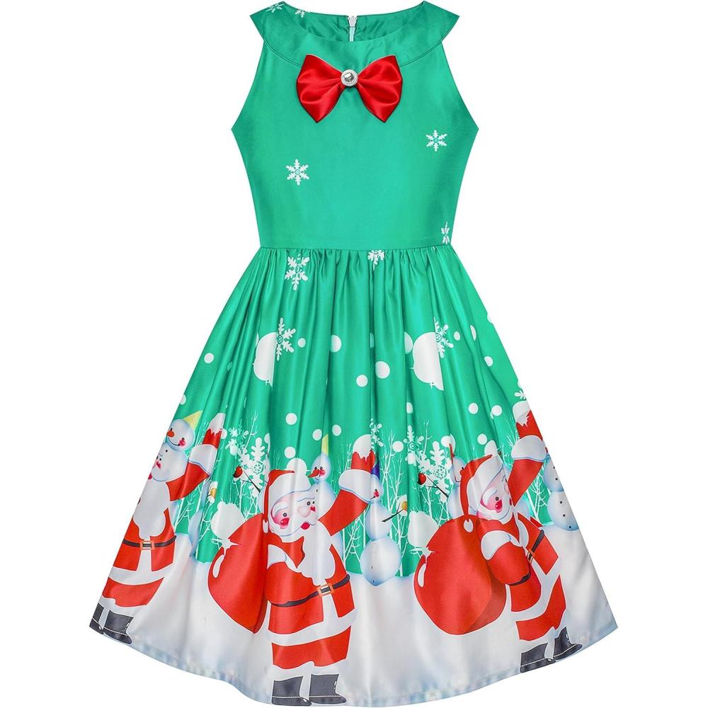 imageSunny Fashion Girls Dress Christmas Eve Christmas Tree Snow Reindeer PartyGreen