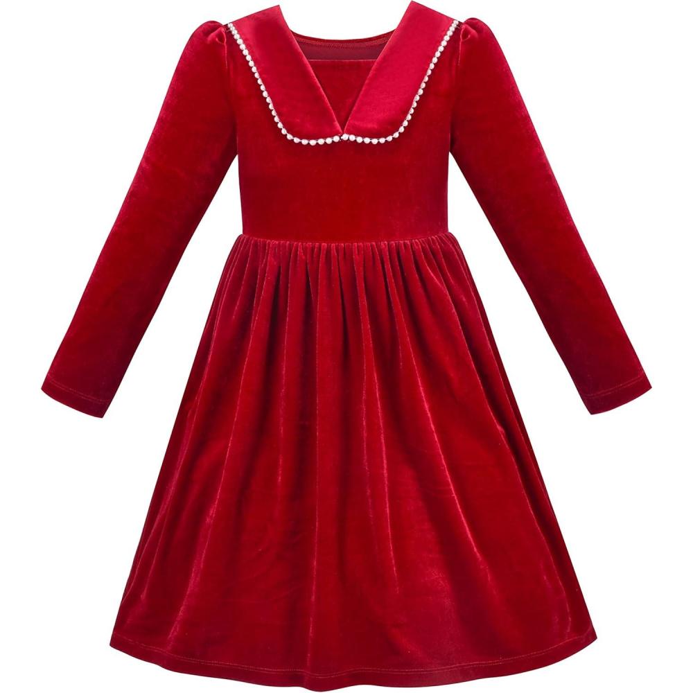 imageSunny Fashion Girls Dress Christmas Hat Red Velvet Long Sleeve Holiday Size 414Claret Red