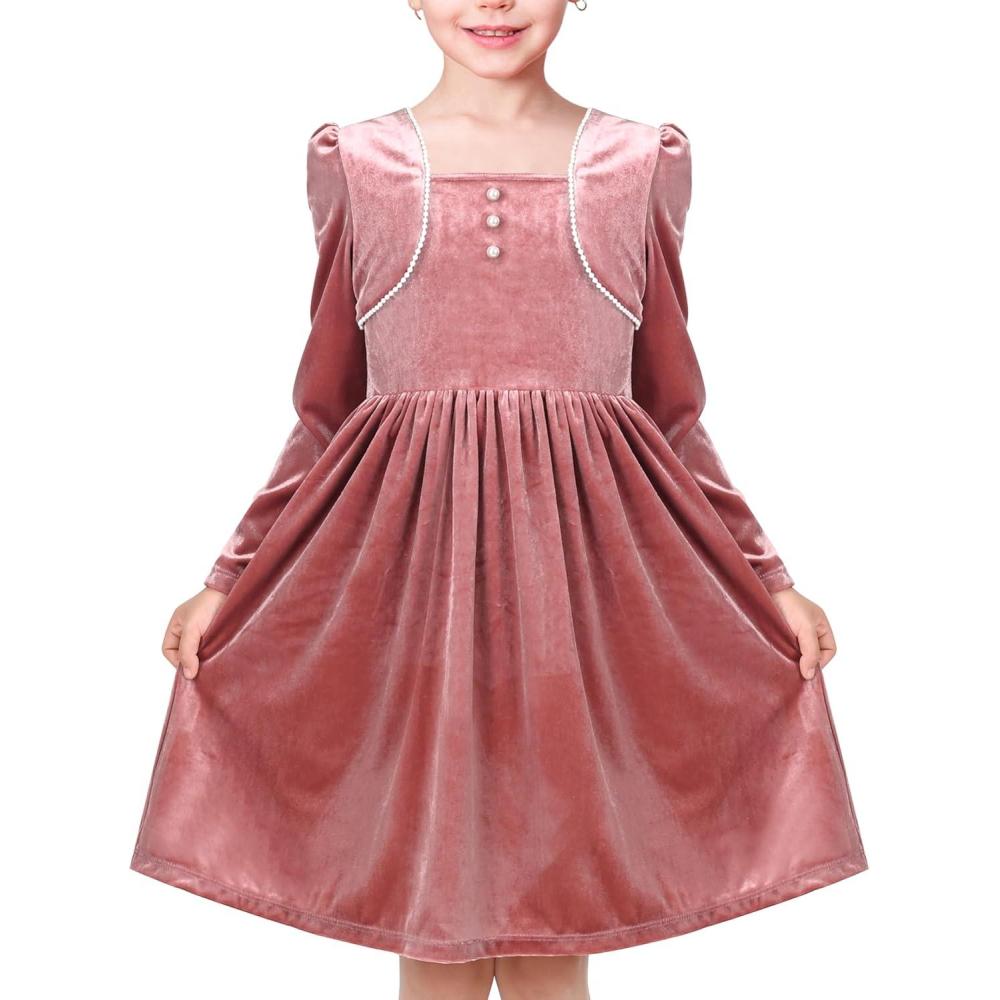 imageSunny Fashion Girls Dress Christmas Hat Red Velvet Long Sleeve Holiday Size 414Salmon Pink Velvet