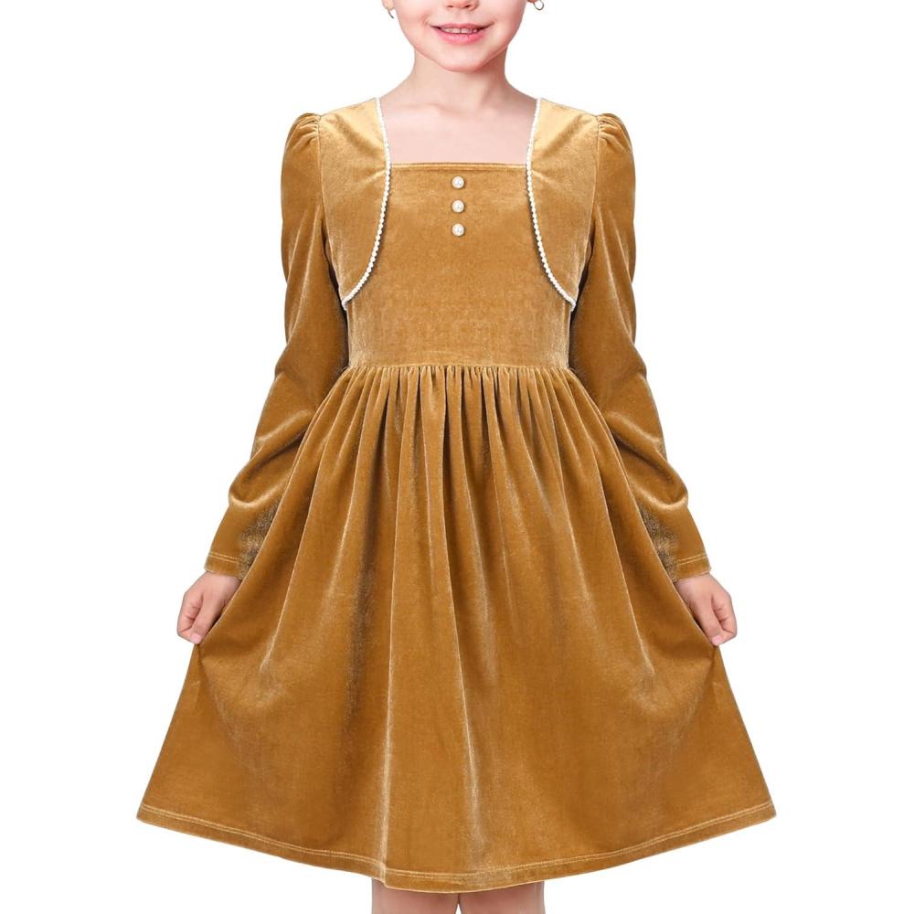 imageSunny Fashion Girls Dress Christmas Hat Red Velvet Long Sleeve Holiday Size 414Yellow Velvet