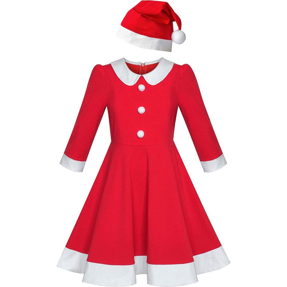 imageSunny Fashion Girls Dress Christmas Santa Hat Long Sleeve Party New YearRed White