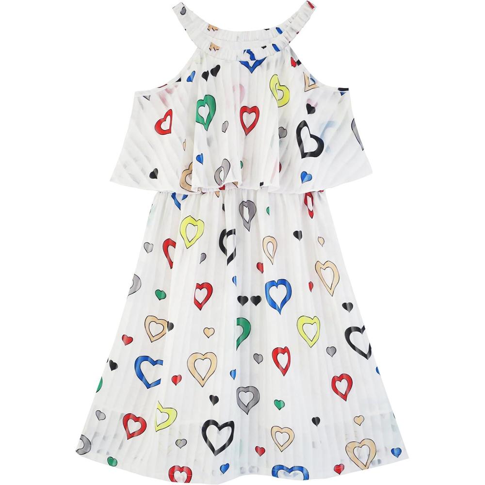imageSunny Fashion Girls Dress Colorful Heart Print Cold Shoulder Party Dress
