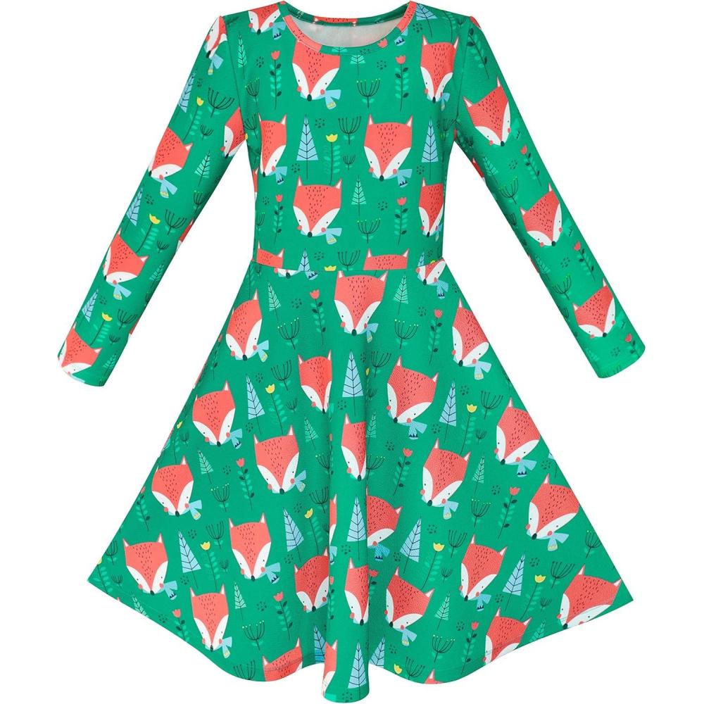 imageSunny Fashion Girls Dress Green Forest Red Fox Long Sleeve Size 410Green